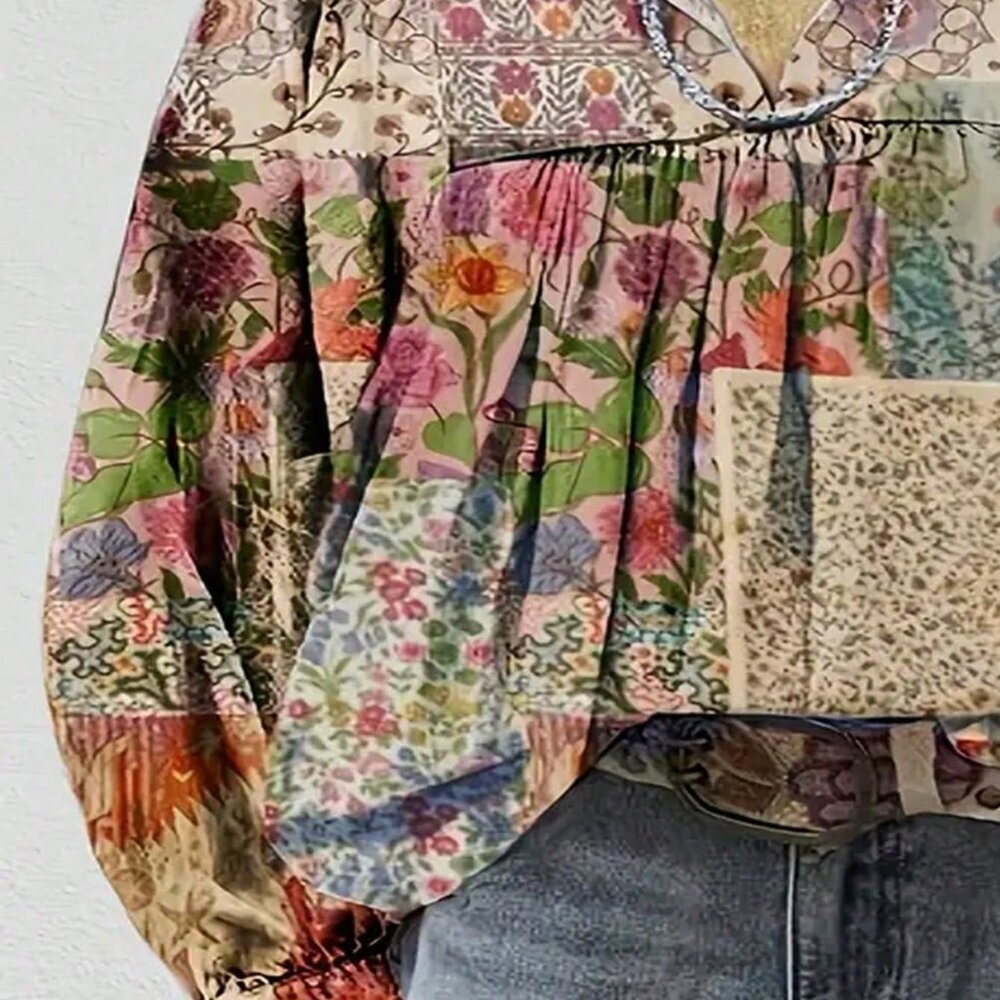Multicolor Casual Women's All Over Print Floral Bubble Sleeve Top with Slit Neck - Picture 3 of 3